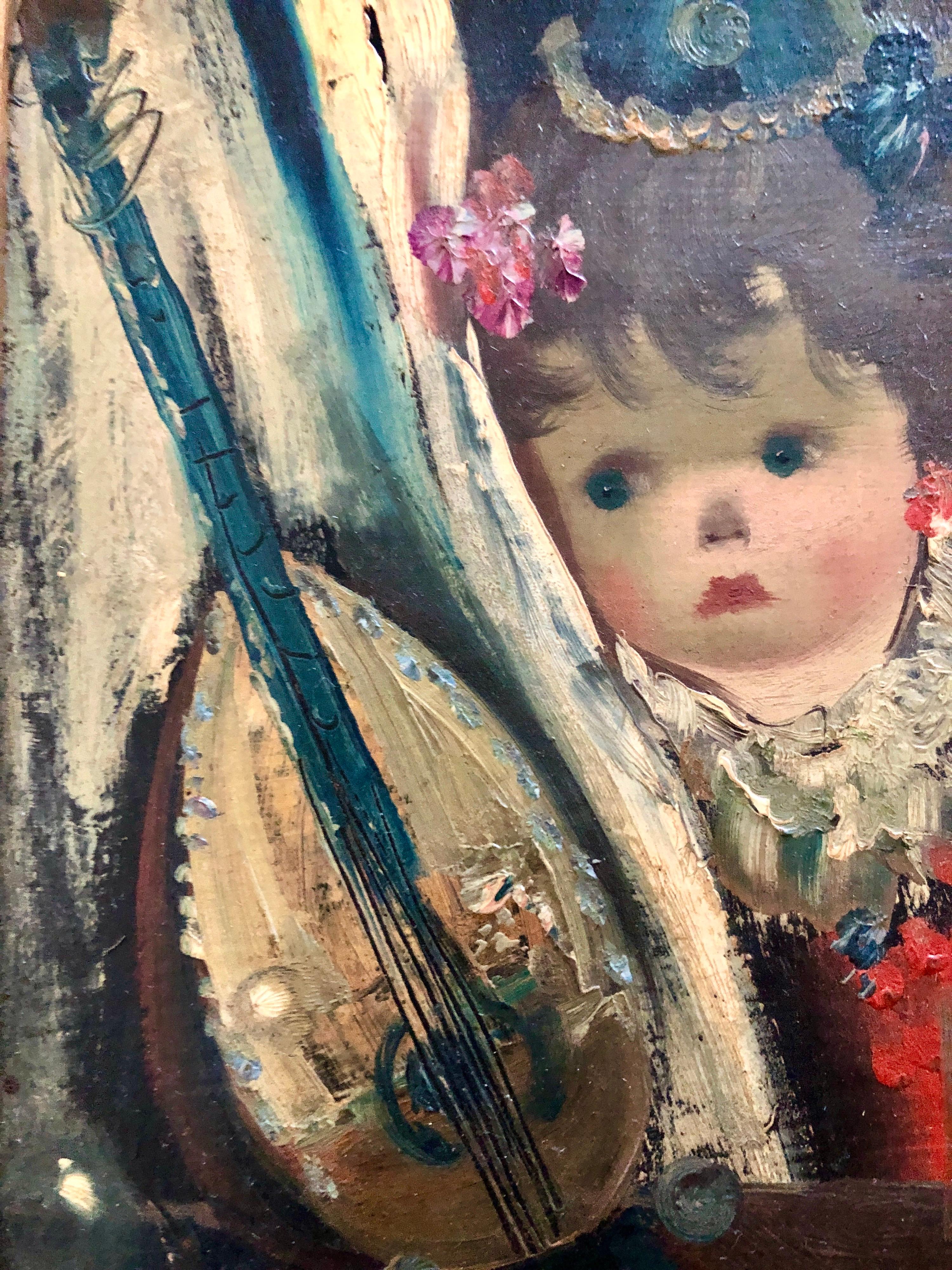 Italian Surrealist Oil Painting Jean Calogero Big Eyed Girl Doll Mandolin Flower For Sale 1