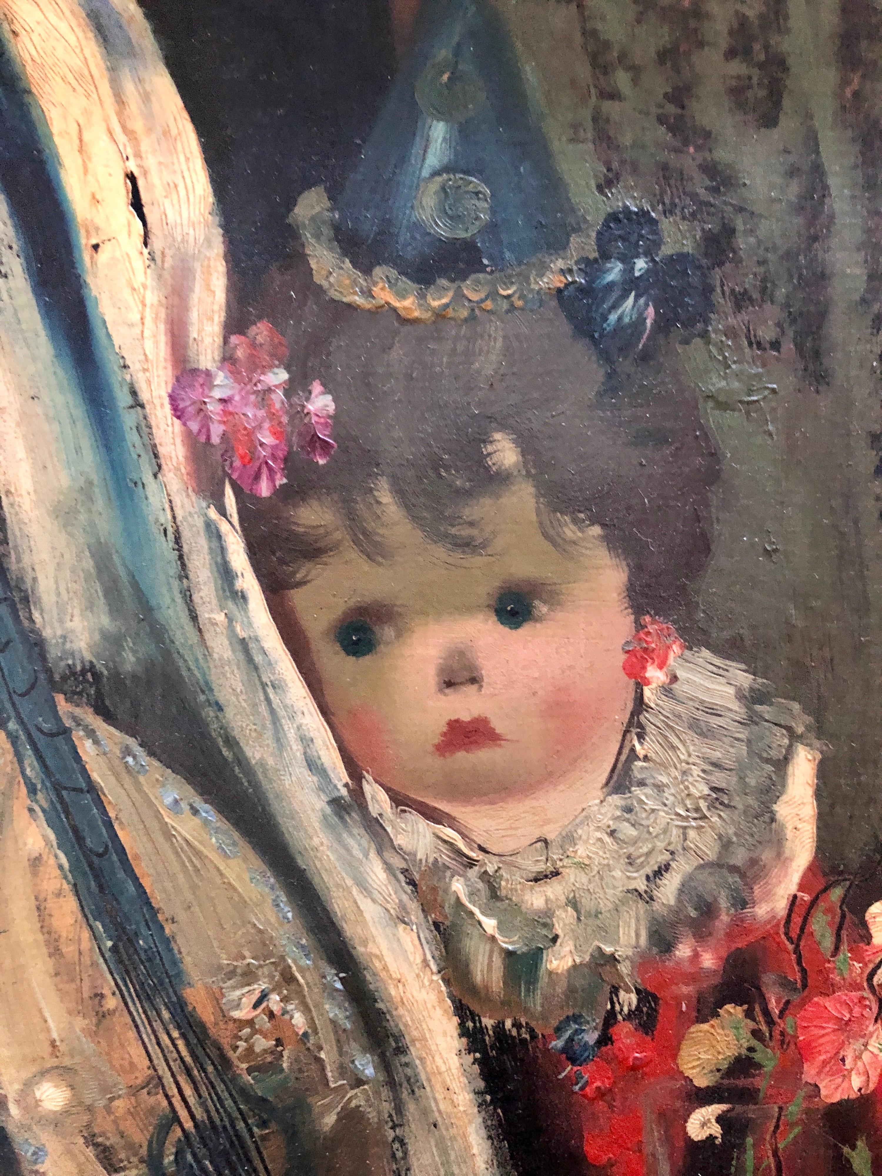 Italian Surrealist Oil Painting Jean Calogero Big Eyed Girl Doll Mandolin Flower For Sale 2