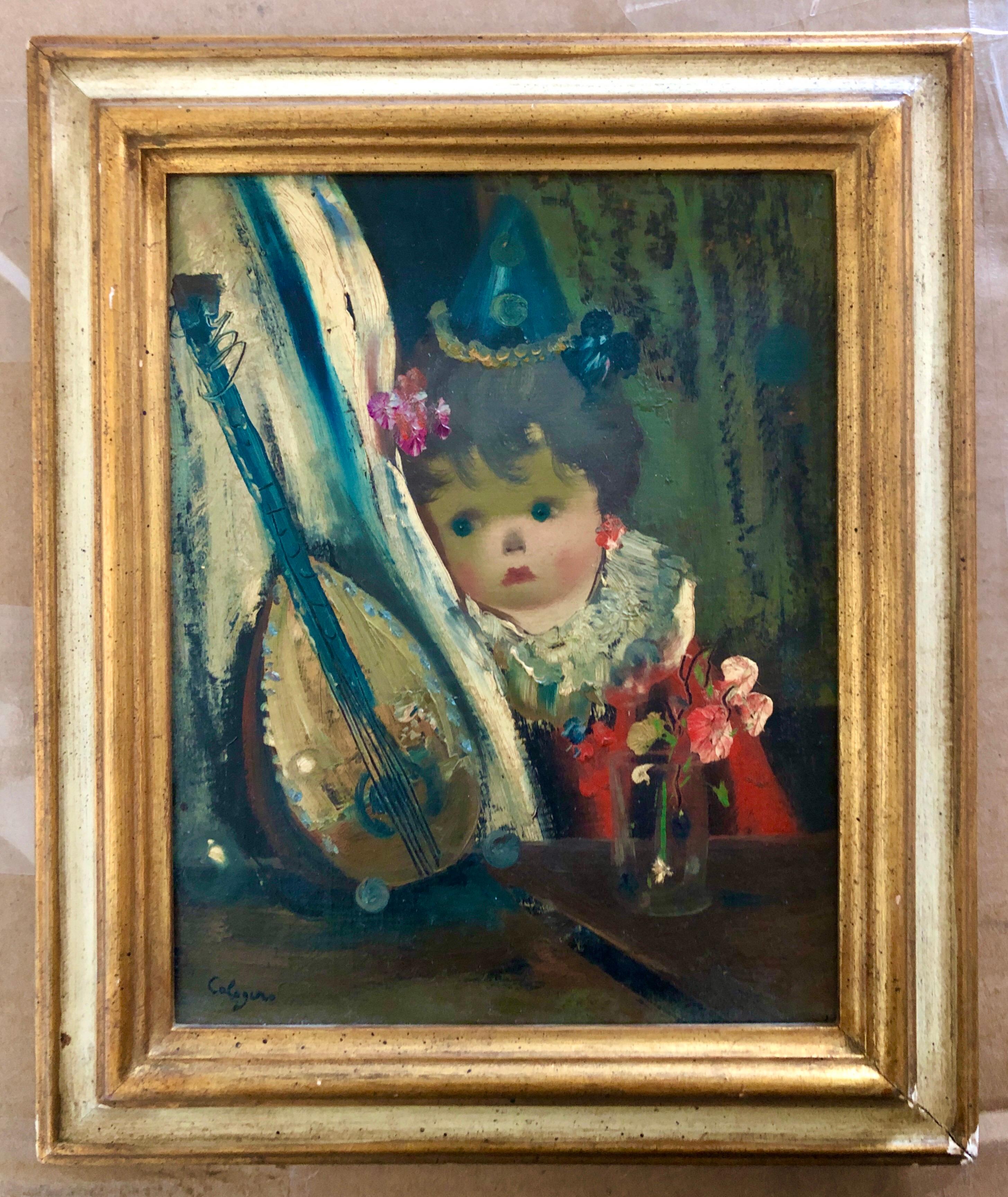 Pittura ad olio surrealista Jean Calogero Bambola dagli occhi grandi Mandolino Fiore in vendita 8