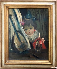 Italienisches surrealistisches Ölgemälde, Jean Calogero, große Augen, Puppe, Mandolin-Blume, Mandolin