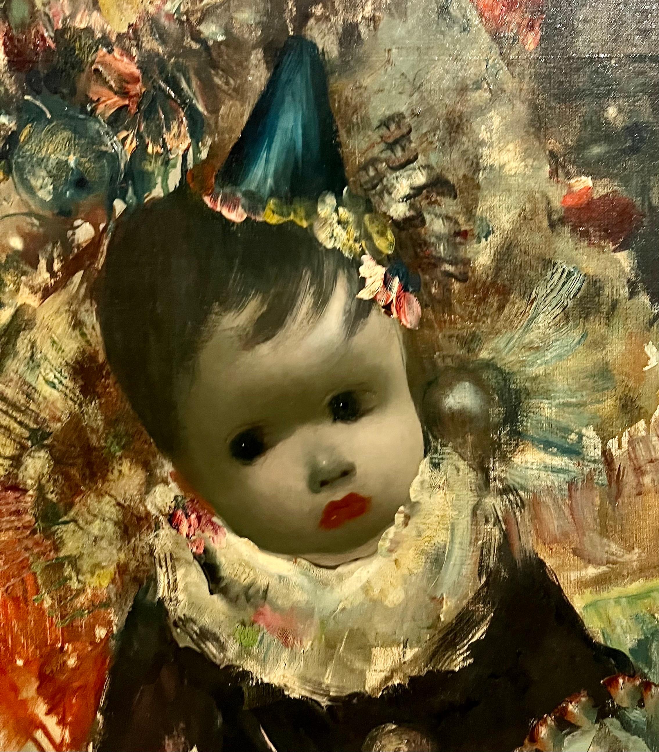 Groes italienisches surrealistisches lgemlde, Mod-Kunst, Jean Calogero, Puppe mit groen Augen  im Angebot 10