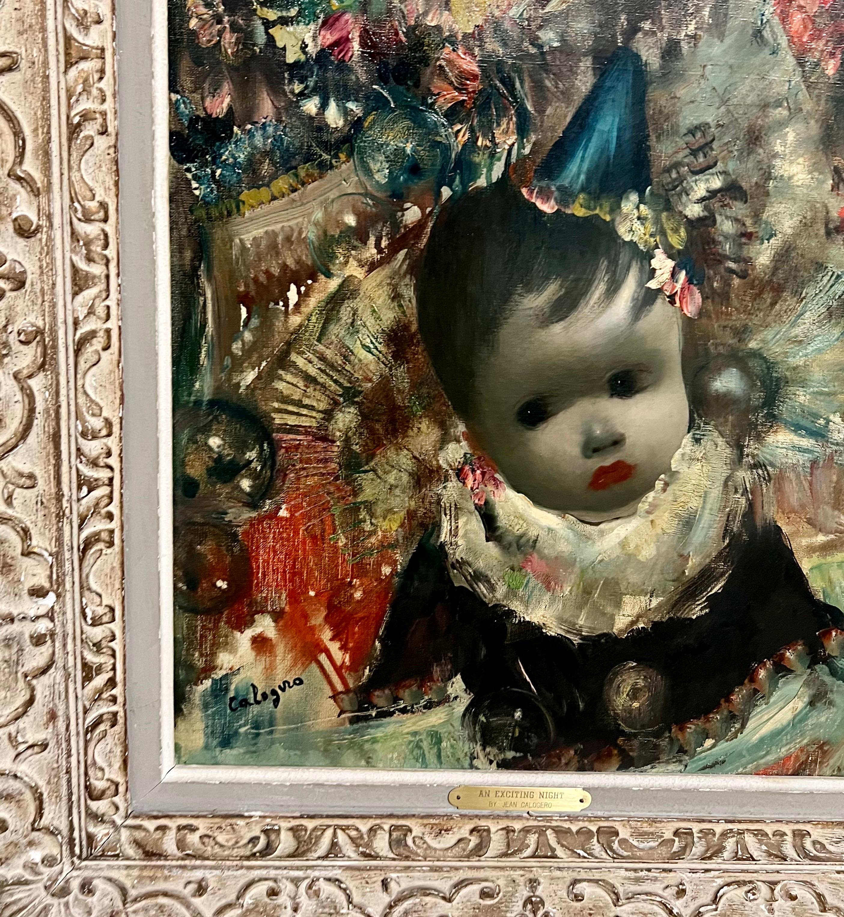 Gran pintura al óleo italiana surrealista Mod Art Jean Calogero Muñeca de ojos grandes 2