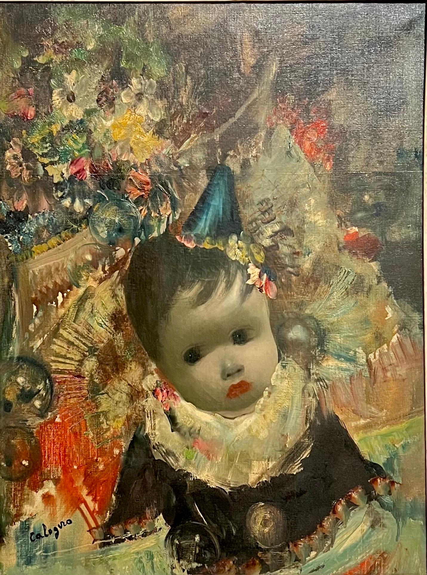 Gran pintura al óleo italiana surrealista Mod Art Jean Calogero Muñeca de ojos grandes 4