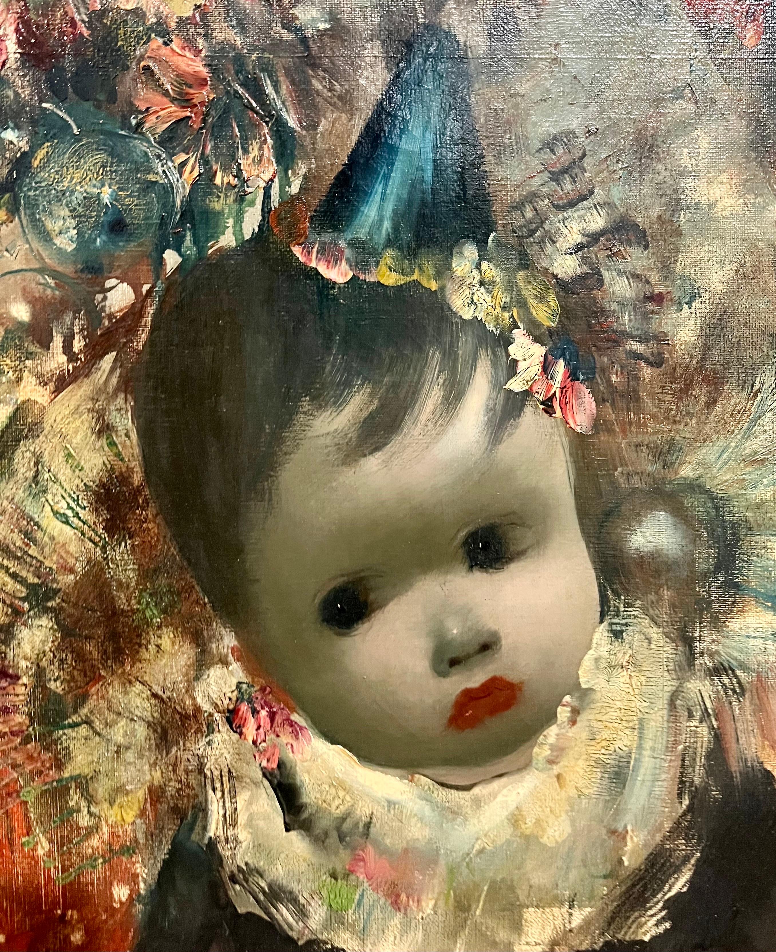Gran pintura al óleo italiana surrealista Mod Art Jean Calogero Muñeca de ojos grandes 6