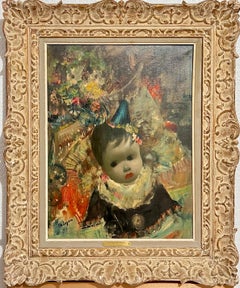 Grande peinture  l'huile italienne surraliste de Jean Calogero - Petite poupe aux yeux grands ouverts 