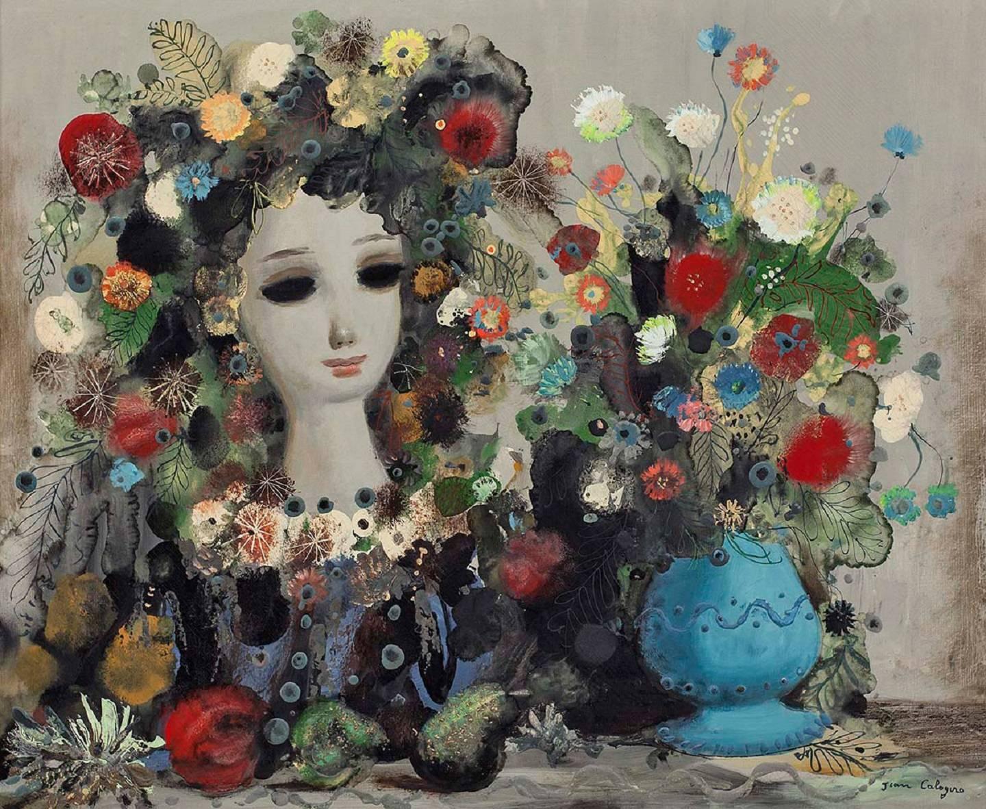 Large Italian Surrealist Oil Painting Jean Calogero Pomone Vase of Flowers 4