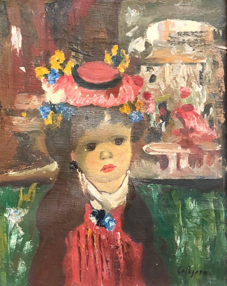 L'Enfant, Colorful Surrealist Child Girl with Bonnet in Venice - Painting by Jean Calogero