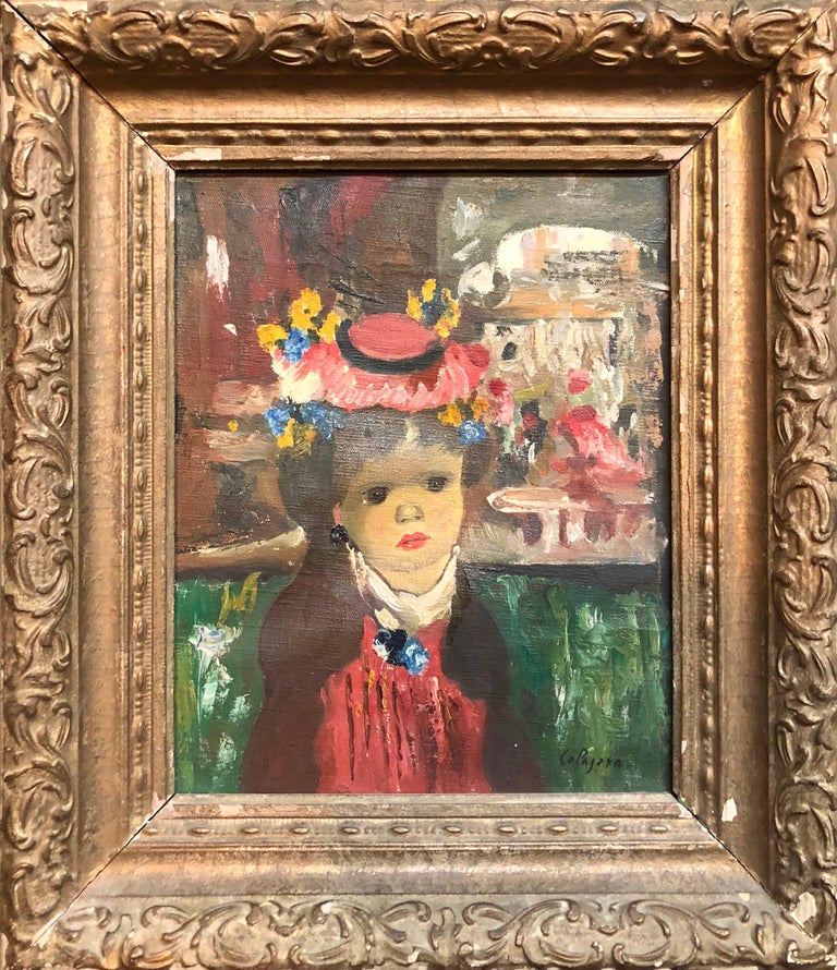 Jean Calogero Figurative Painting - L'Enfant, Colorful Surrealist Child Girl with Bonnet in Venice