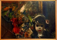 Mod Italian Surrealist Oil Painting Jean Calogero Big Eyed Girl, Victorian Party