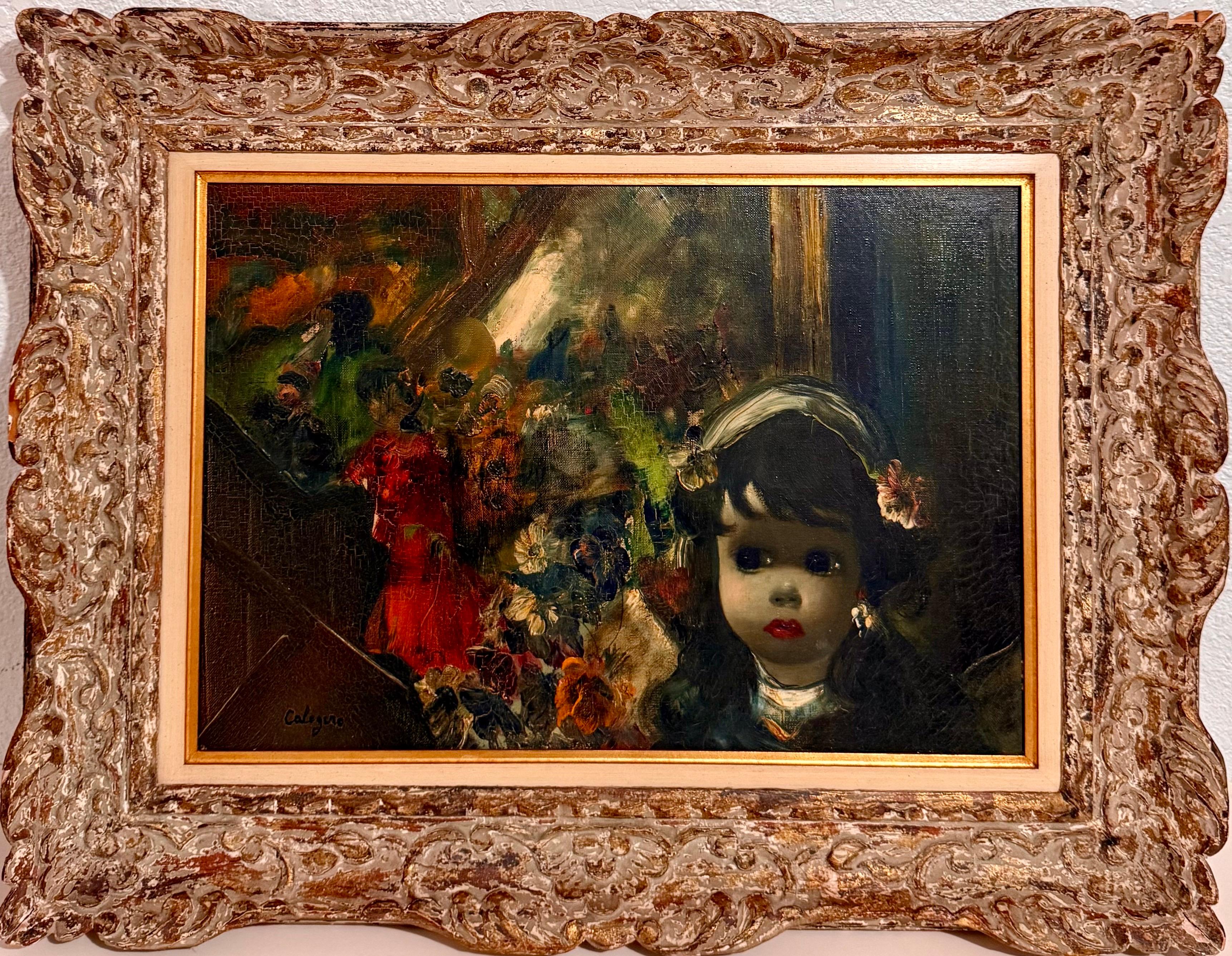 Jean Calogero (Italiener, 1922-2001)
23 x 30. Gerahmt. 21,5 x 15 Leinwand. 
Handsigniert
Kleines Mädchen auf einer Party mit Blumen

Calogero wurde am 20. August 1922 in Catania, Sizilien, geboren. Autodidaktischer Surrealist Erste Ausstellungen
