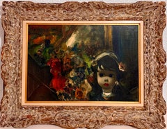 Peinture à l'huile surréaliste italienne Jean Calogero, jeune fille aux yeux grands, soirée victorienne