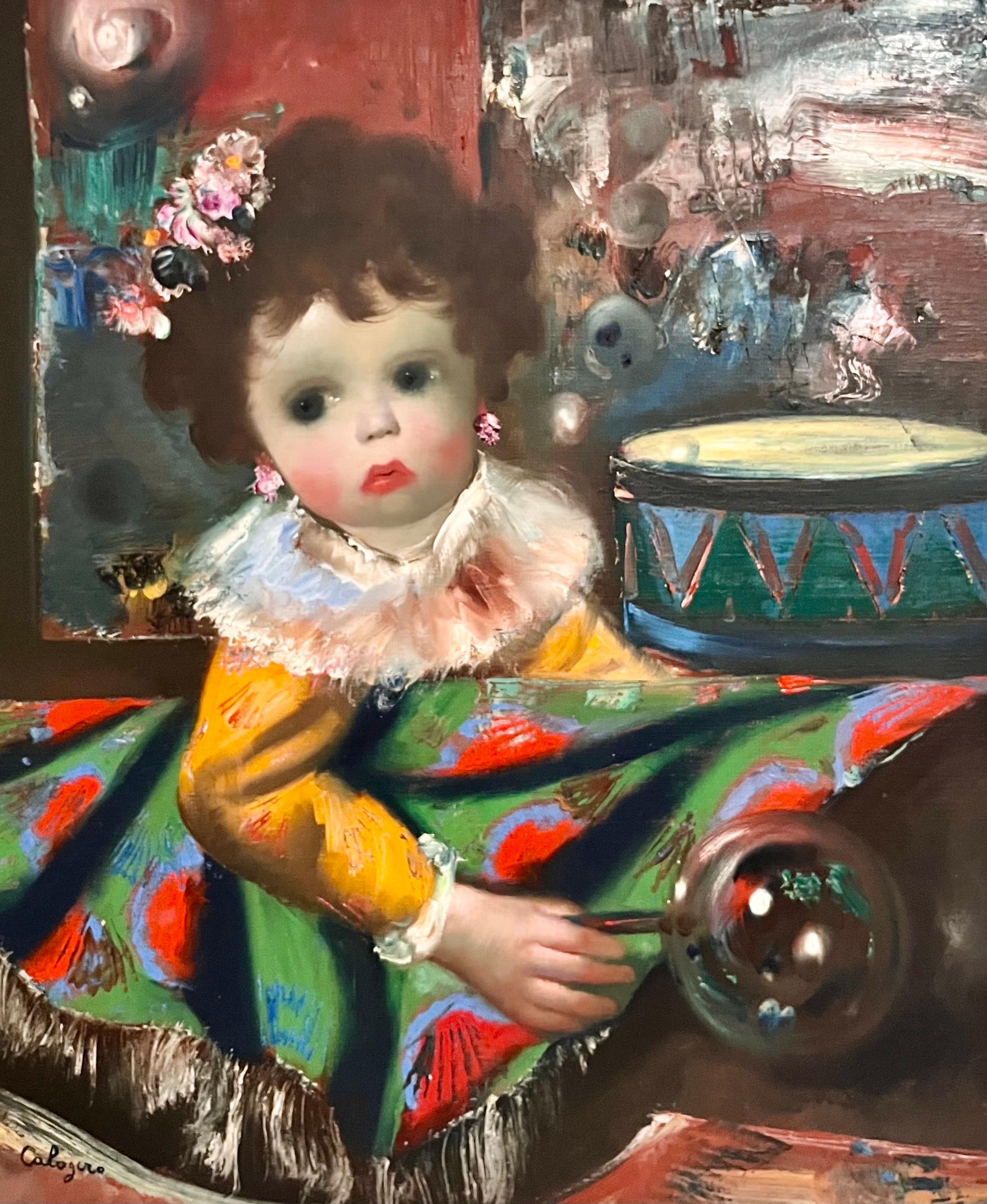 Óleo Surrealista Italiano Mod Jean Calogero Niña con Batería Escena Musical 1