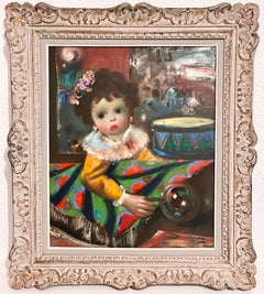 Óleo Surrealista Italiano Mod Jean Calogero Niña con Batería Escena Musical