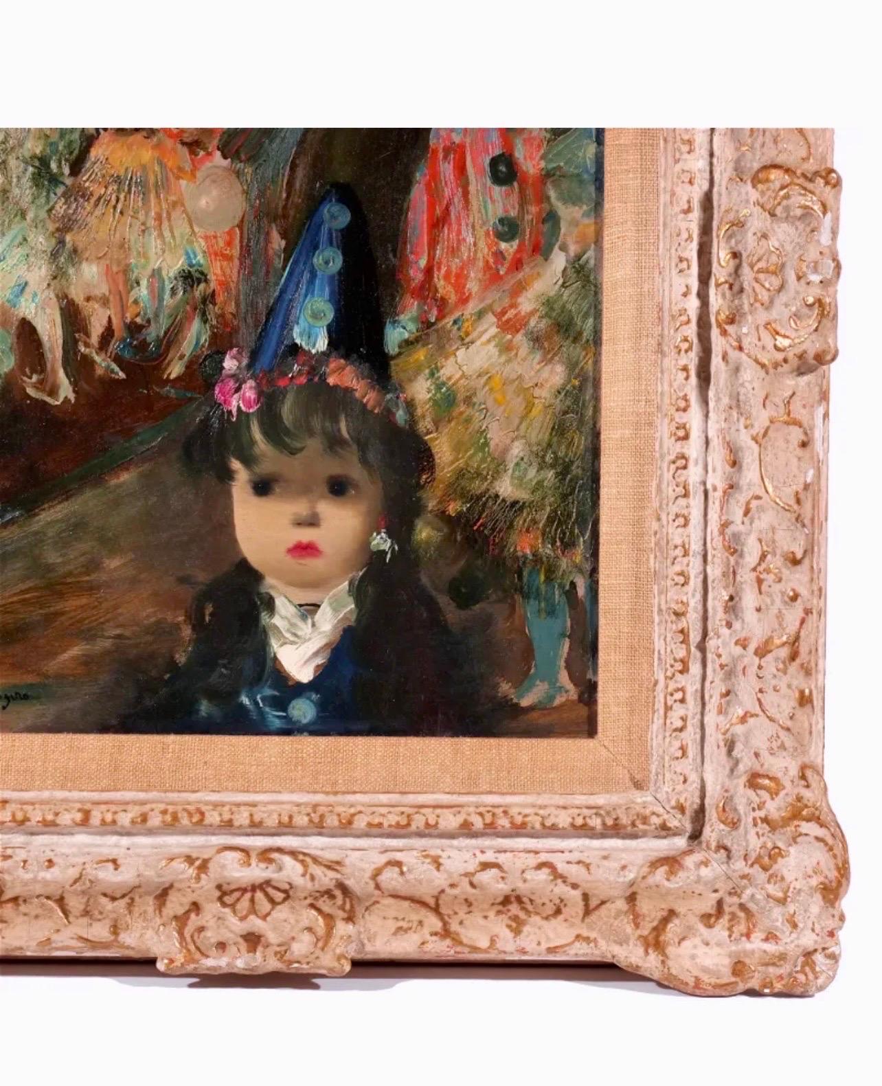 Mod Italian Surrealist Oil Painting Jean Calogero La Reve, Girl, Victorian Party 8