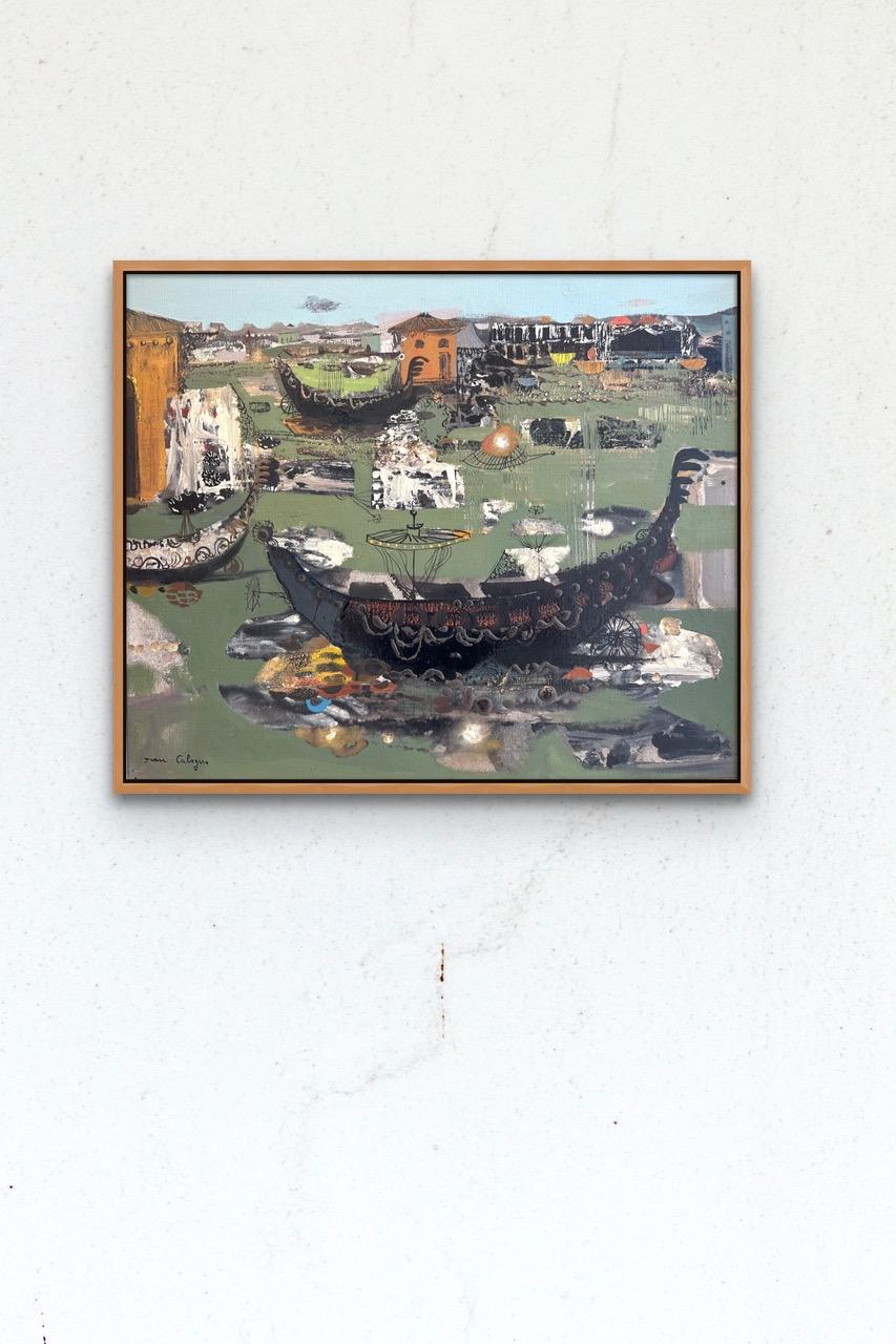 Ohne Titel (Gondelbahn-Szene aus Venedig)  (Surrealismus), Painting, von Jean Calogero