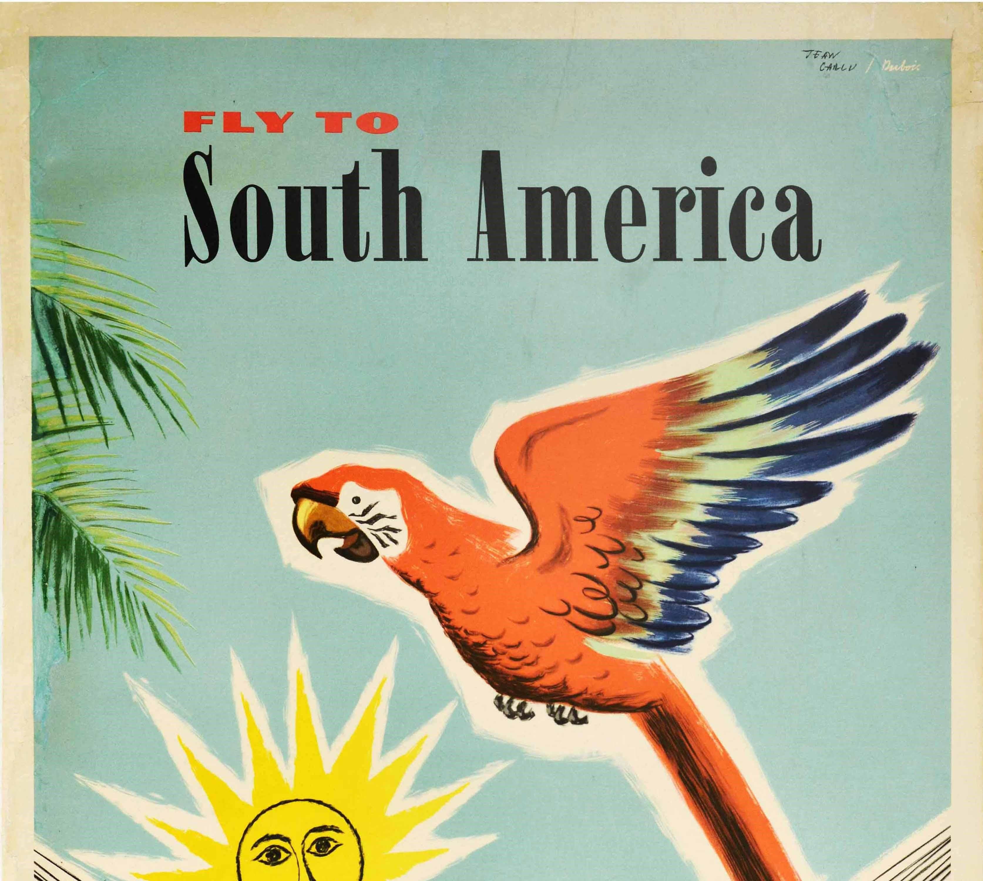 Original Vintage Poster Fly To South America Pan Am Air Travel Beach Parrot Sun - Print by Jean Carlu and Dubois