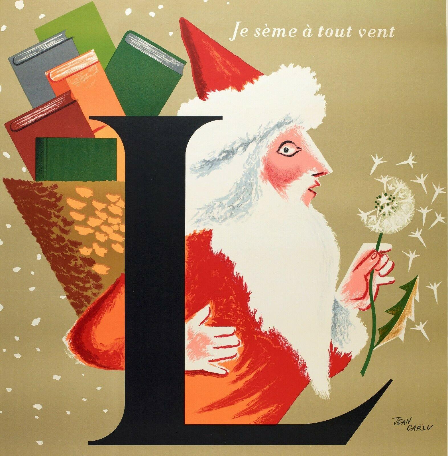 Original Vintage Poster-Jean Carlu-Larousse-Livre-Santa Claus, 1953

Promotional poster for the books of the Larousse Collection. Santa Claus has his hood filled with books.

Additional Details: 
Materials and Techniques: Colour lithograph on