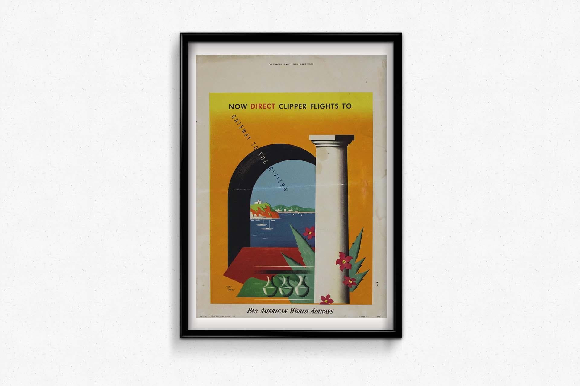 The 1949 original travel poster by Jean Carlu for Pan American World Airways offers a captivating invitation to explore the stunning beauty and sophistication of the French Riviera. Jean Carlu, a renowned French graphic designer and poster artist,
