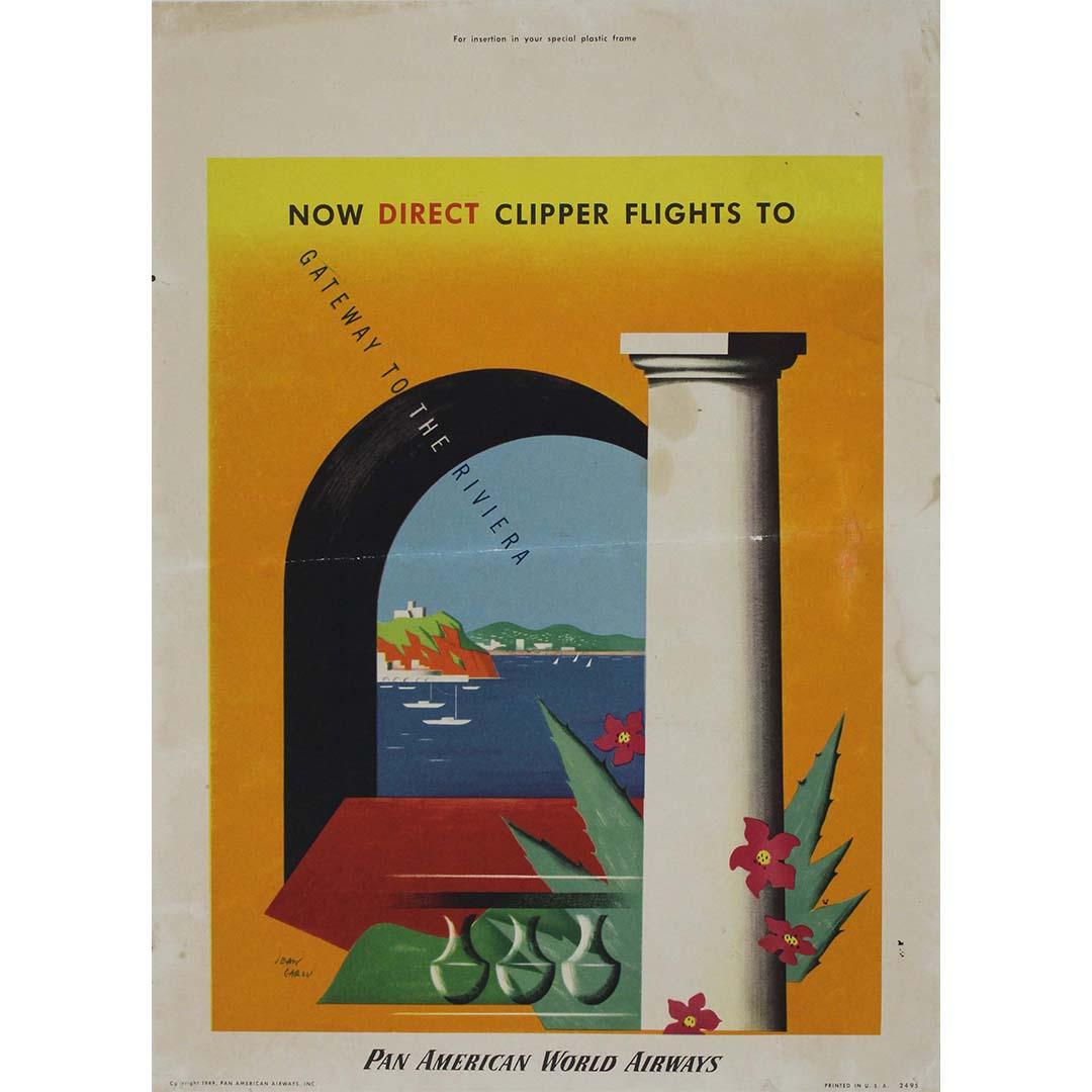 L'affiche de voyage originale de 1949 réalisée par Jean Carlu pour Pan American World Airways est une invitation captivante à explorer la beauté stupéfiante et le raffinement de la Côte d'Azur. Jean Carlu, graphiste et affichiste français de renom,