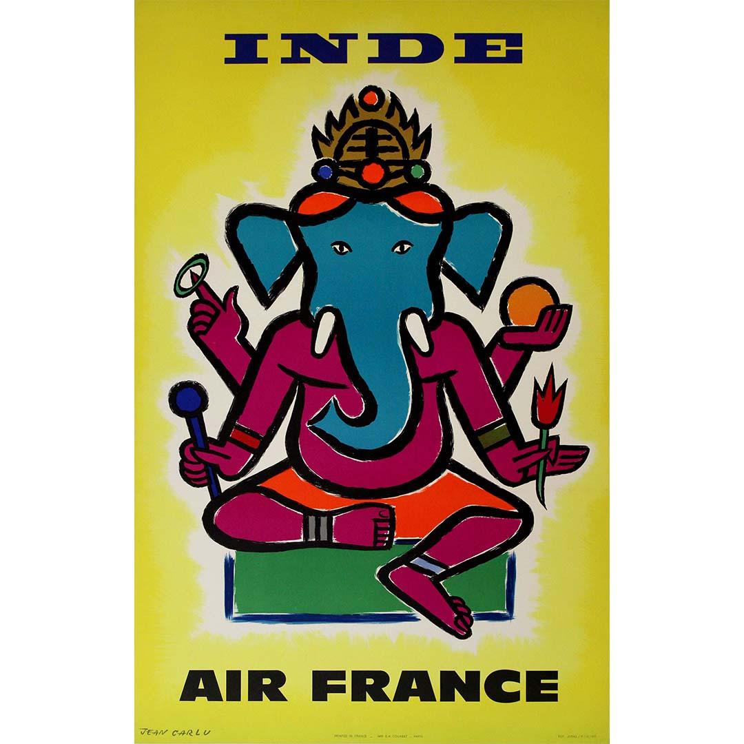 L'affiche de voyage originale de Jean Carlu, datant de 1960, invite à un voyage enchanteur en Inde avec Air France. Avec son imagerie captivante et son design évocateur, cette affiche sert à la fois d'outil promotionnel pour la compagnie aérienne et