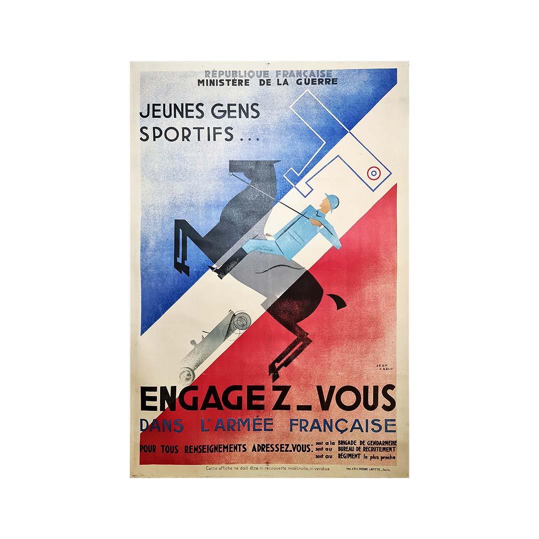 Originalplakat von Jean Carlu 🇫🇷 (1900-1997), einem französischen Werbedesigner und Plakatkünstler im Auftrag des Kriegsministeriums, um "junge Sportler zum Eintritt in die französische Armee" aufzufordern.

Er begann seine Karriere als