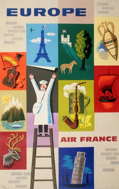Poster di viaggio originale d'epoca di Air France Europa 1957 di Jean Carlu