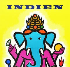 Affiche d'origine d'Airline Indien Air France Inde Hindu Elephant Ganesha
