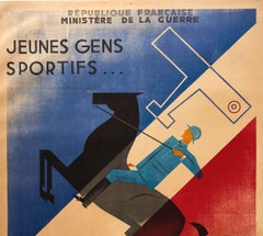 Original Vintage Poster French Army Soldier Sport Art Deco Horse Car Plane Flag