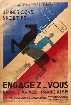 Affiche vintage d'origine d'un soldat de l'armée française - Sport - Art déco - Drapeau de cheval en forme de voiture