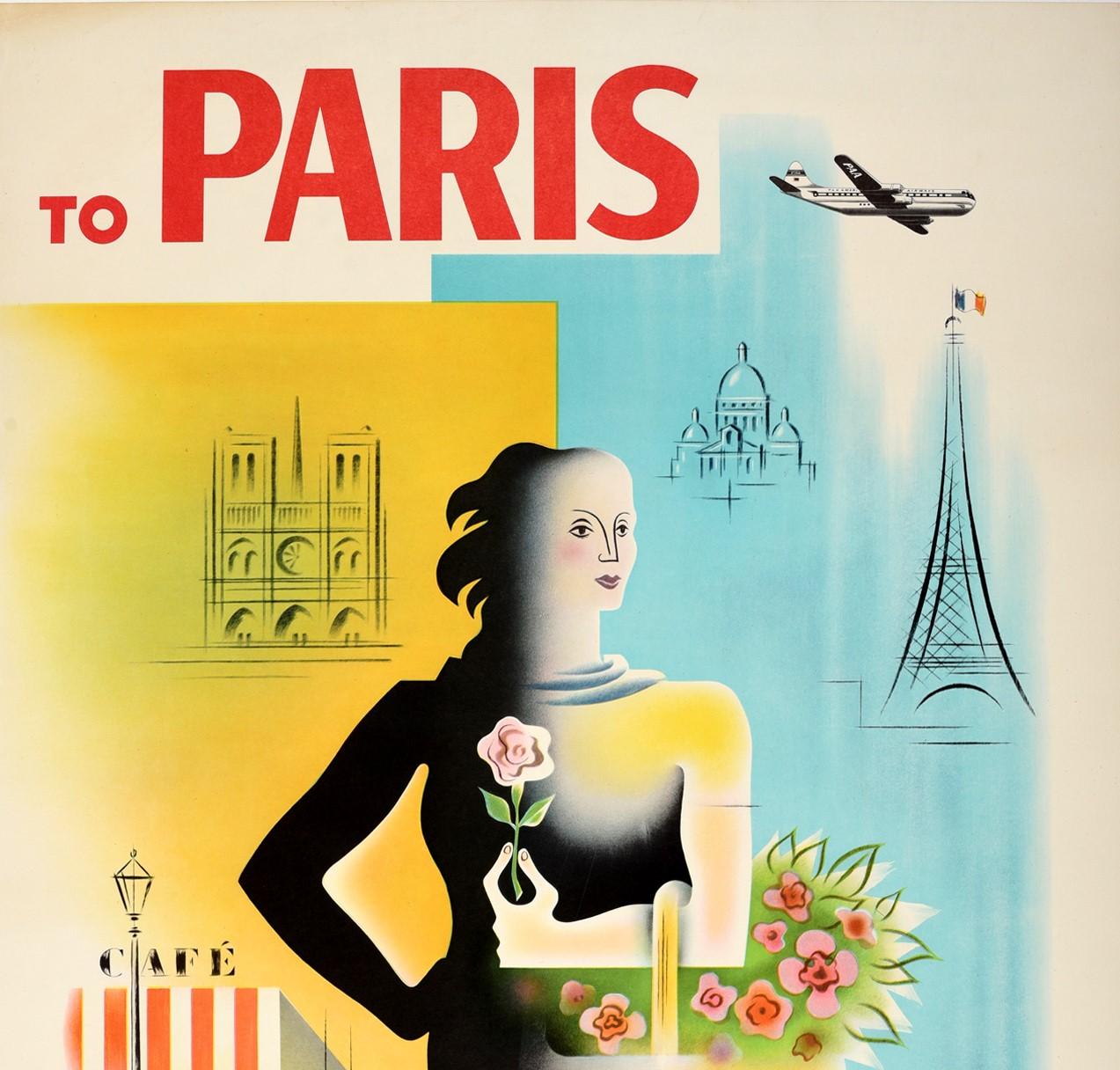 Original Vintage Poster To Paris Pan American Air Travel Eiffel Tower Notre Dame - Print by Jean Carlu