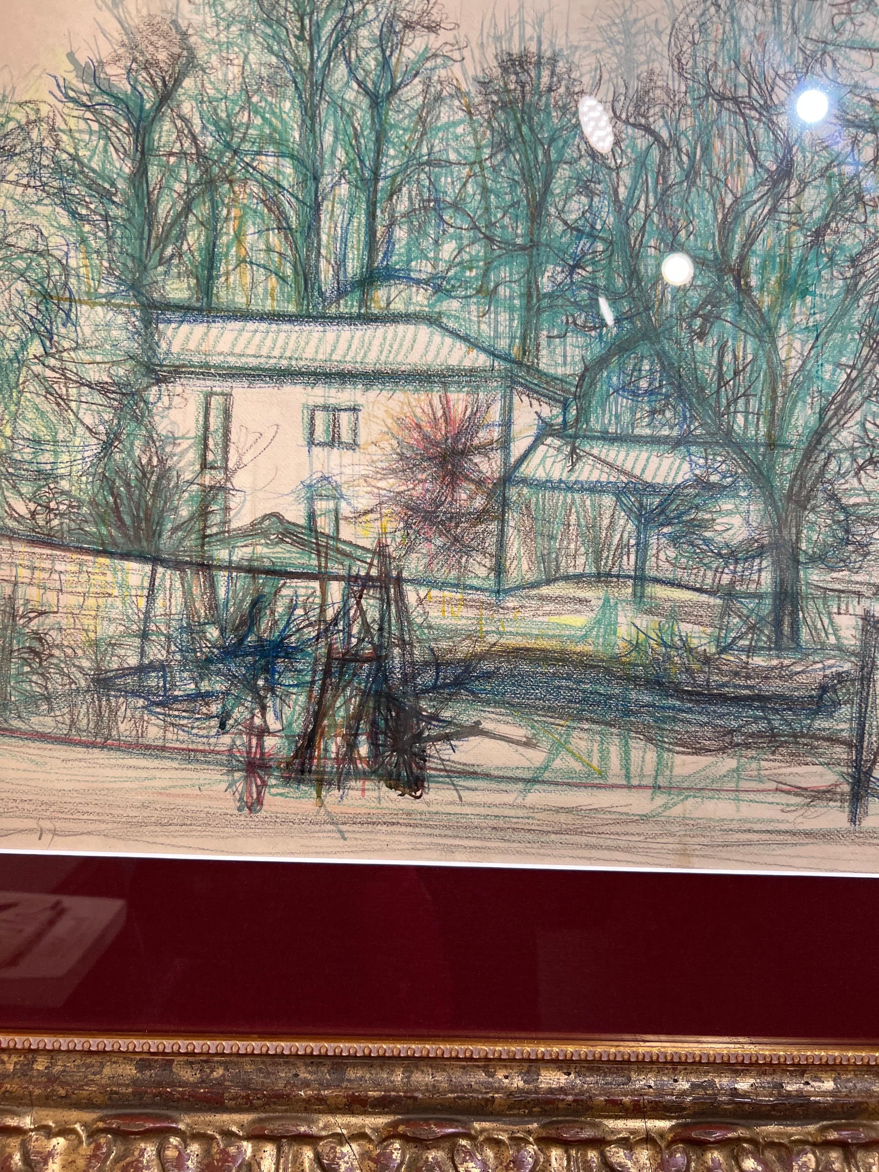 Casa sul ciglio della strada - Landscape Painting Grigio di Jean Carzou