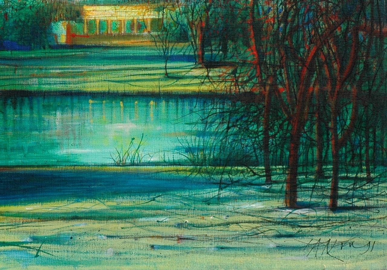 Jean Carzou, L'etang,  21.5x26 inches, oil on canvas,  1991 For Sale 1