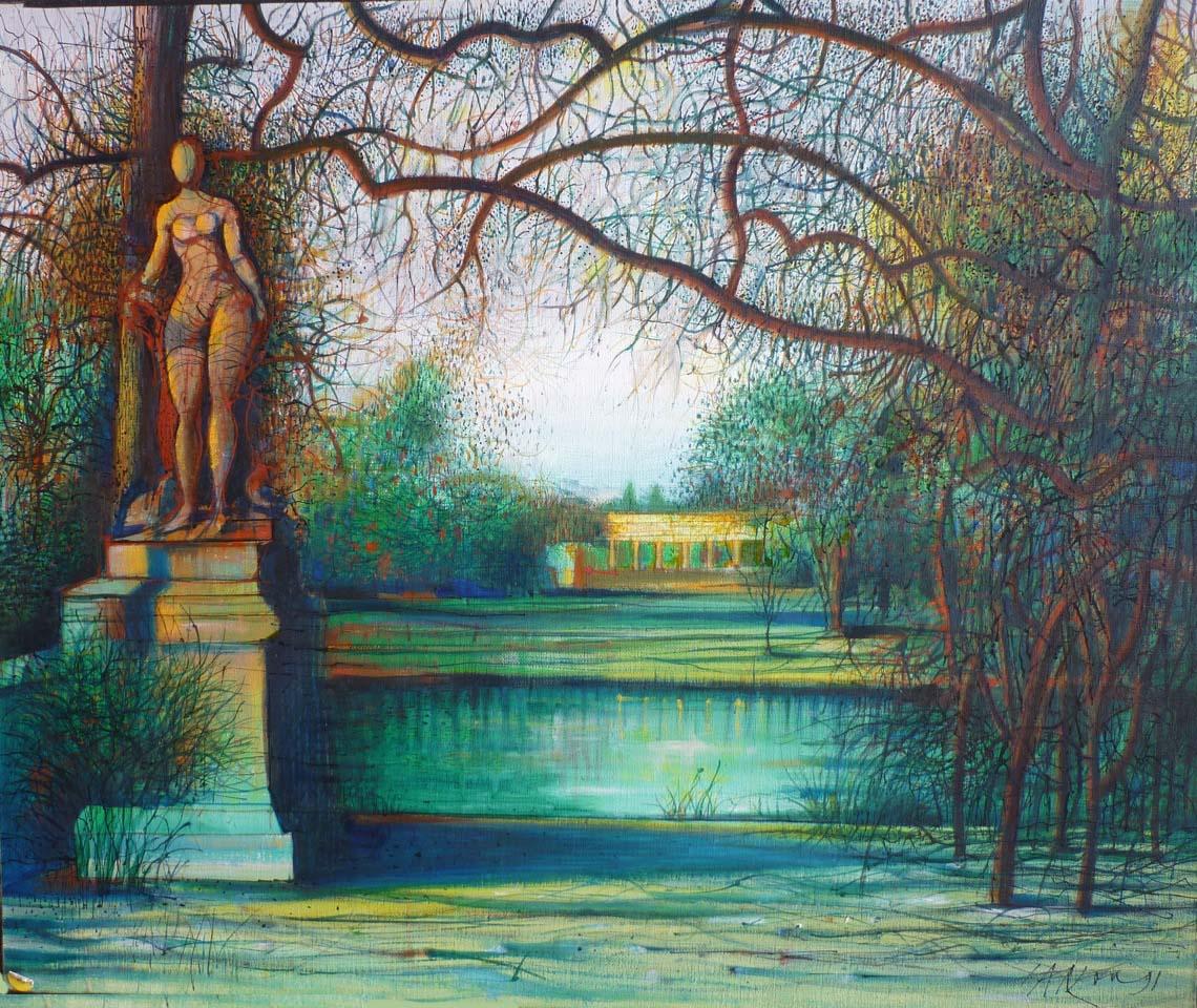 Jean Carzou, L'etang,  21.5x26 inches, oil on canvas,  1991 For Sale 3