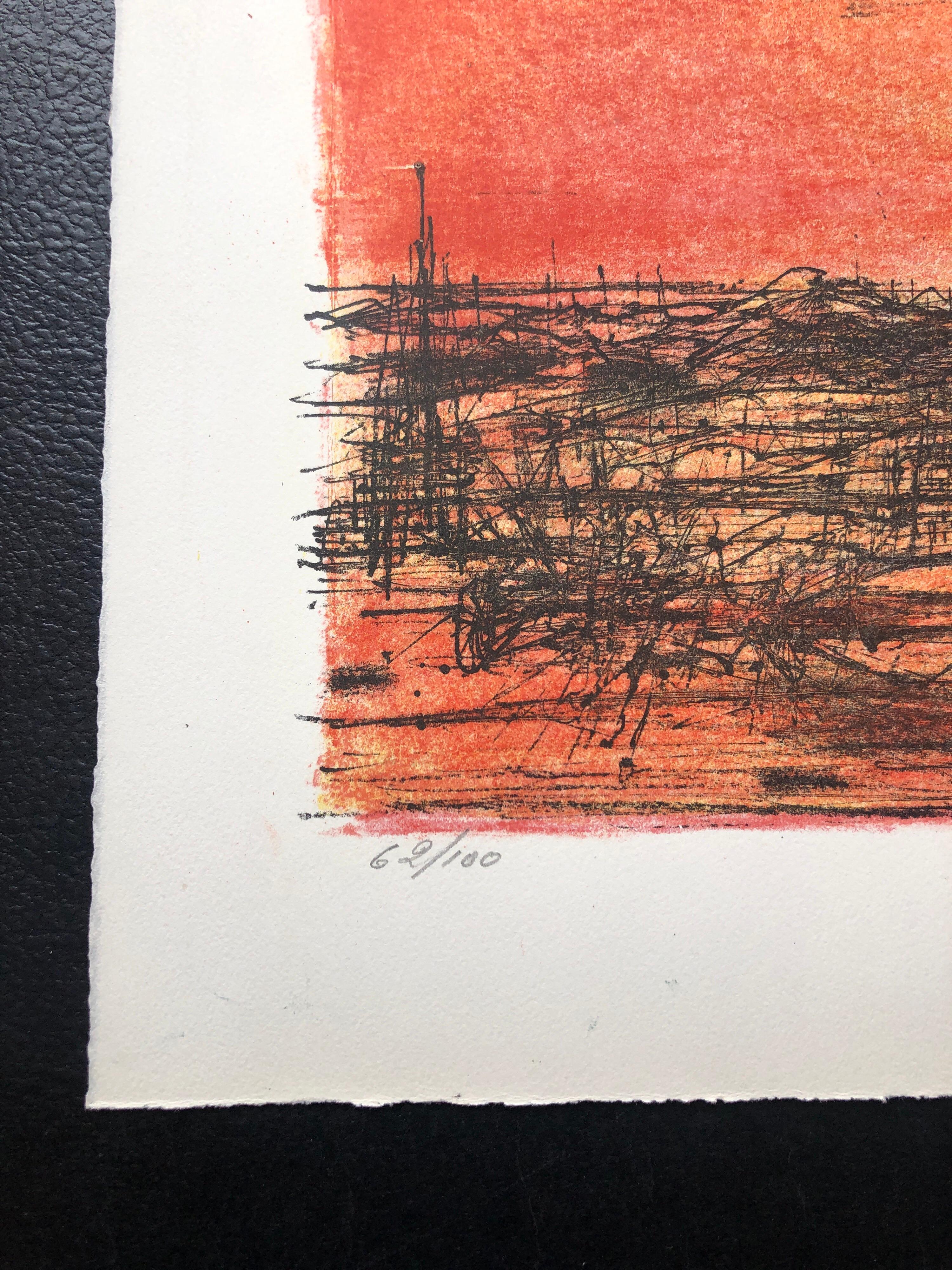 Lithographie moderniste française Carzou couleur volcan orange flamboyant, 1968 - Print de Jean Carzou