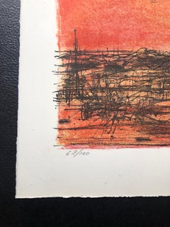 1968 Carzou French Modernist Color Lithograph Volcano Flaming Orange Color
