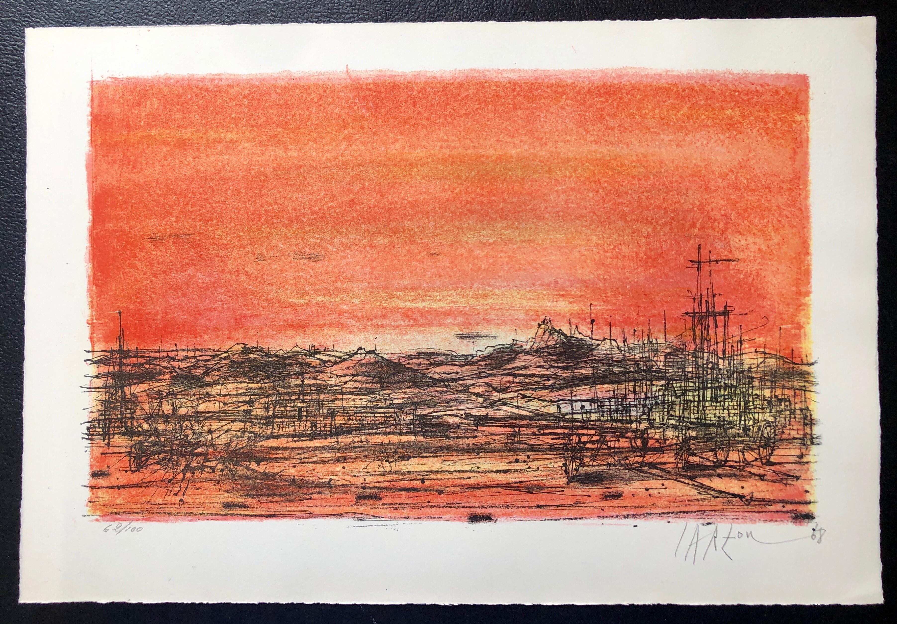 This is a hand signed in pencil, vintage, limited edition lithograph modern art print, printed in Switzerland on Rives French art paper in 1968. in shades of red, orange, green, yellow.
Jean Carzou (Armenian: Ժան Գառզու, 1 January 1907 – 12 August