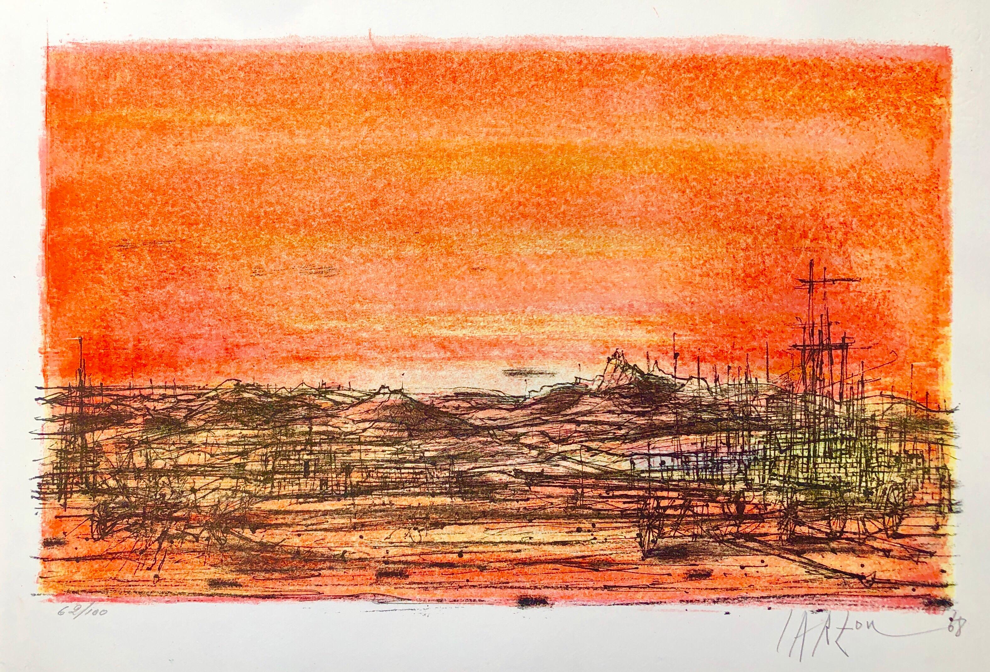Abstract Print Jean Carzou - Lithographie moderniste française Carzou couleur volcan orange flamboyant, 1968