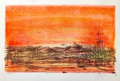 Retro 1968 Carzou French Modernist Color Lithograph Volcano Flaming Orange Color