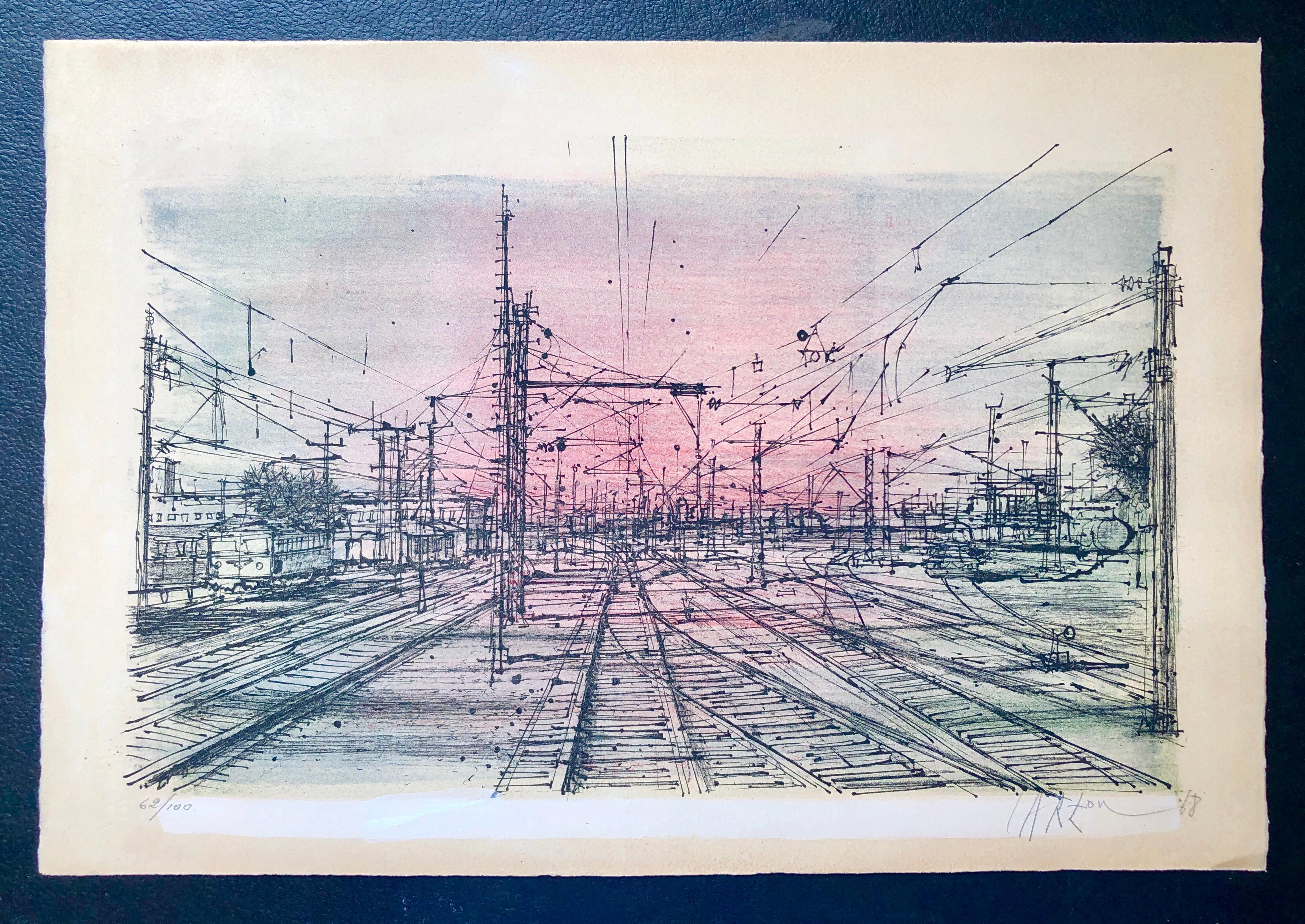 60s Carzou French Modernist Color Lithograph Paris Train Station LeChemin de Fer For Sale 6