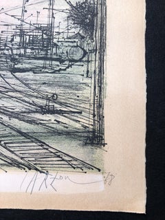 60s Carzou French Modernist Color Lithograph Paris Train Station LeChemin de Fer