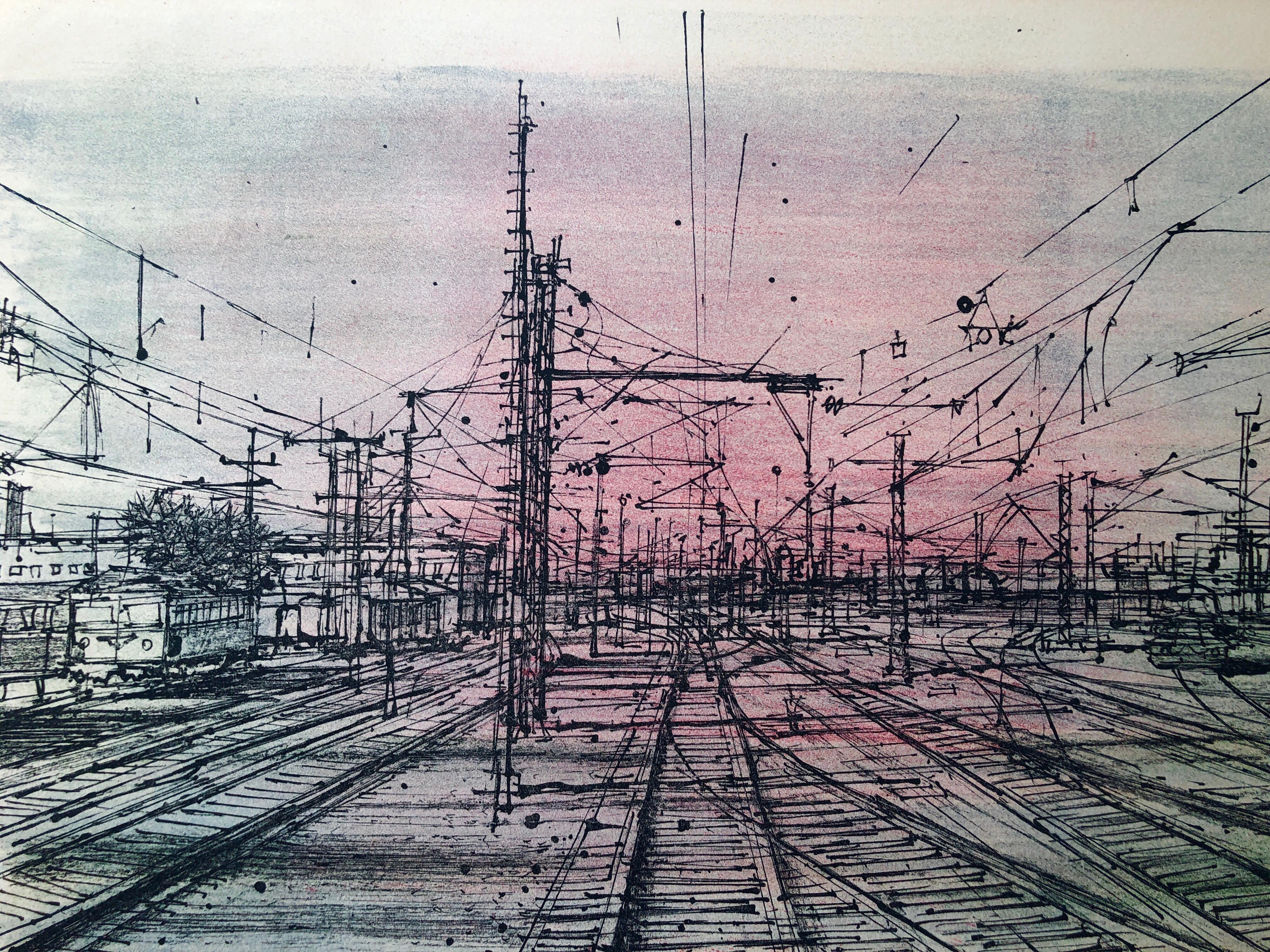 Lithographie moderniste française Carzou Paris train Station LeChemin de Fer des années 60 en vente 1