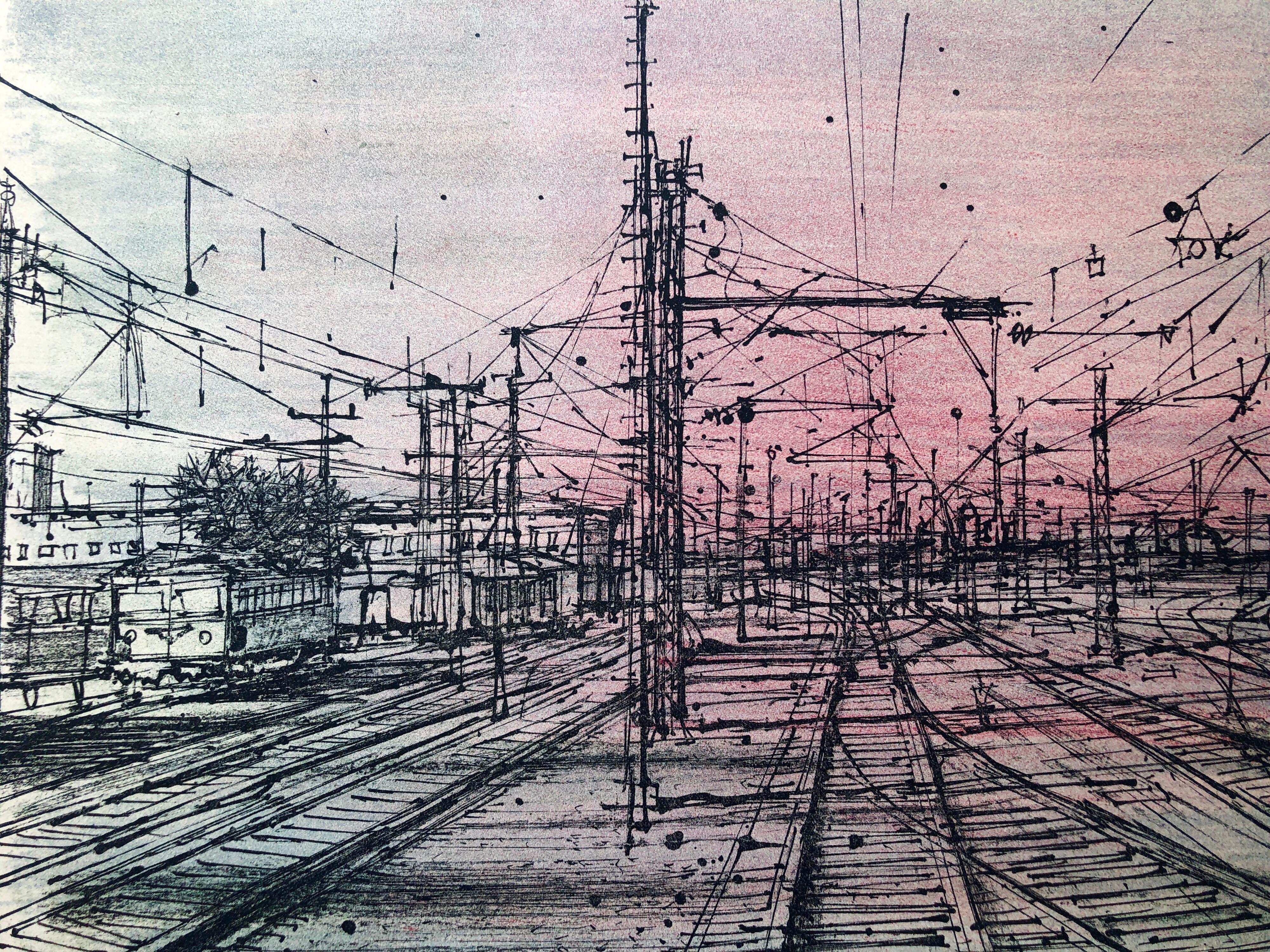 60s Carzou French Modernist Color Lithograph Paris Train Station LeChemin de Fer For Sale 3
