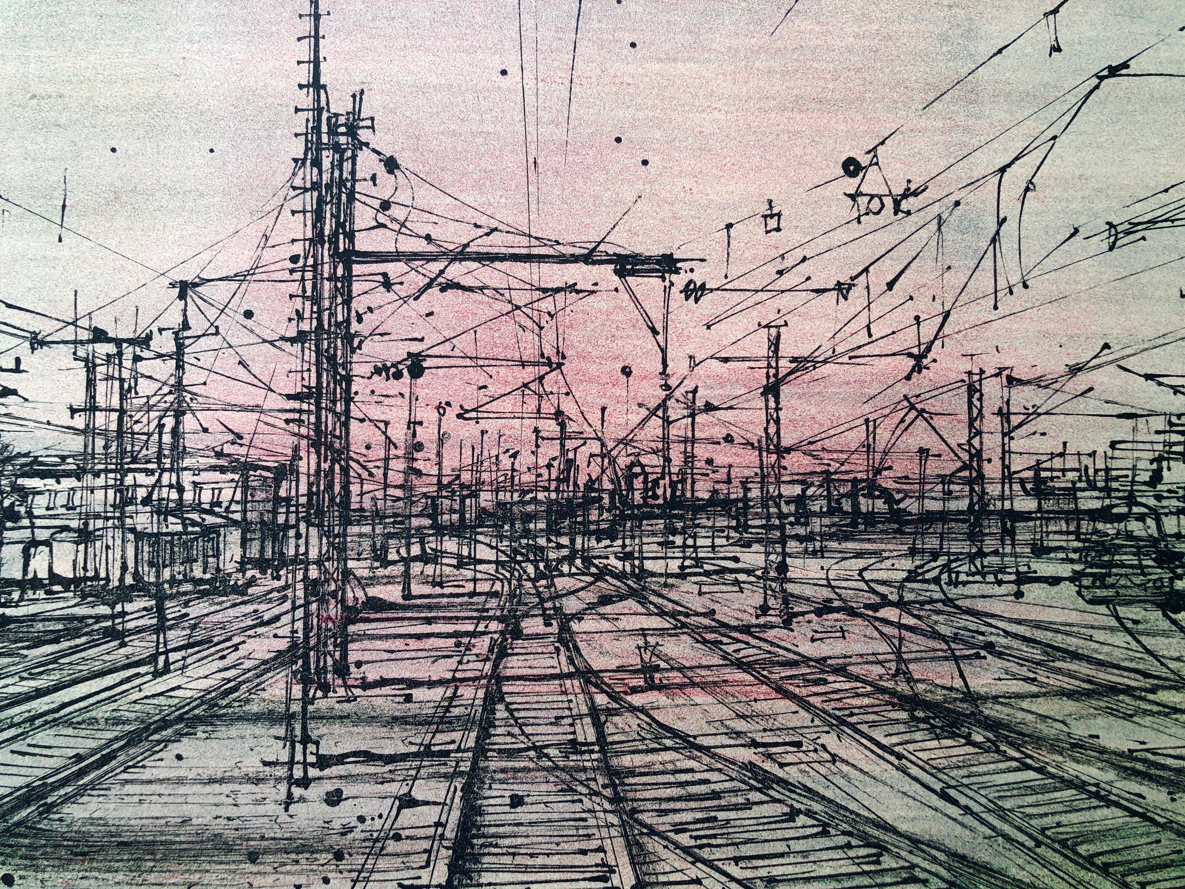 60s Carzou French Modernist Color Lithograph Paris Train Station LeChemin de Fer For Sale 5