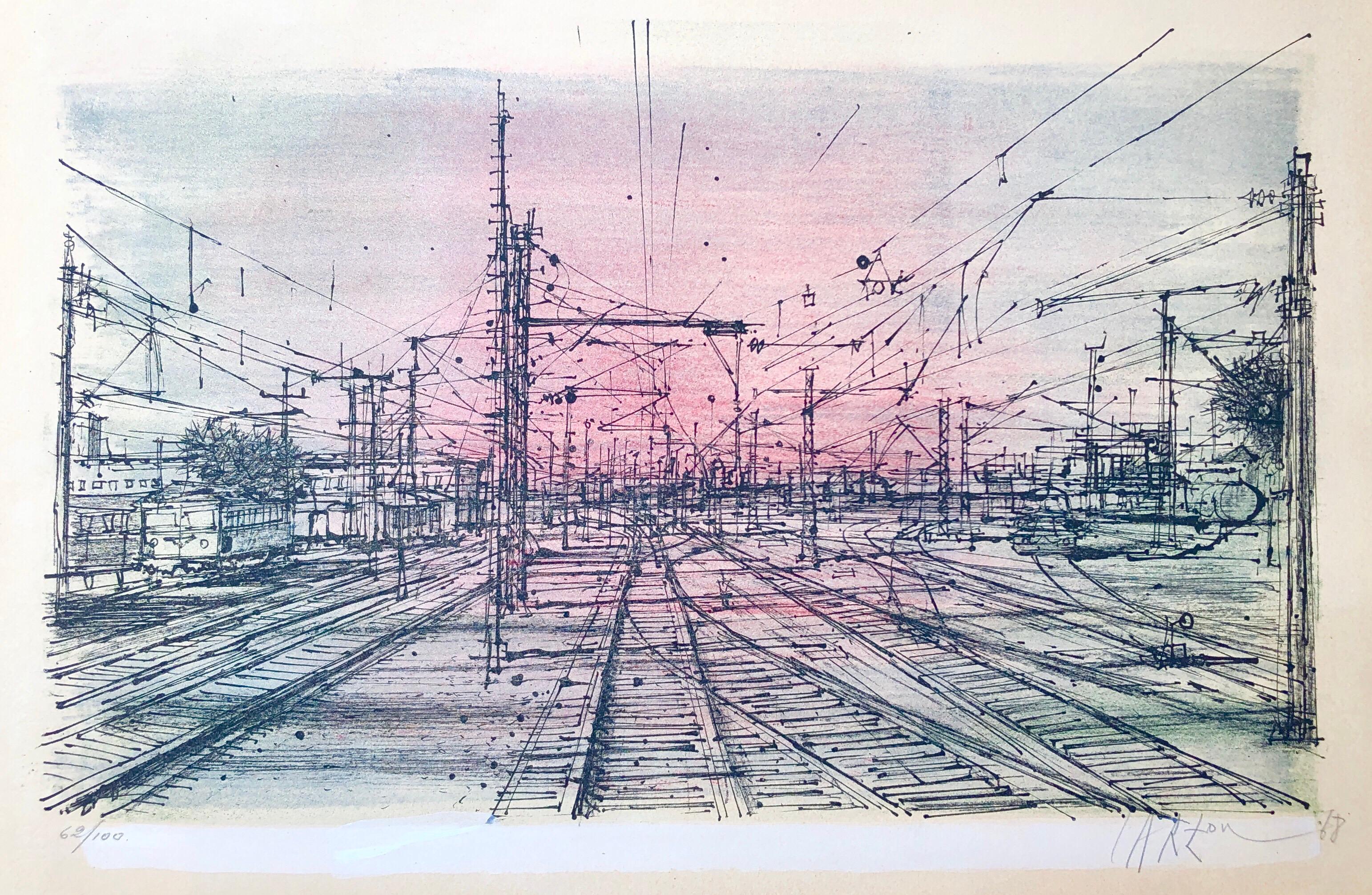 Jean Carzou Abstract Print - 60s Carzou French Modernist Color Lithograph Paris Train Station LeChemin de Fer