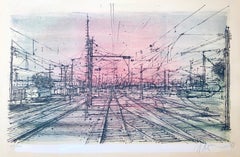 Retro 60s Carzou French Modernist Color Lithograph Paris Train Station LeChemin de Fer