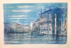 Lithographie moderniste française en couleur du Grand Canal de Venise avec gondole de Carzou