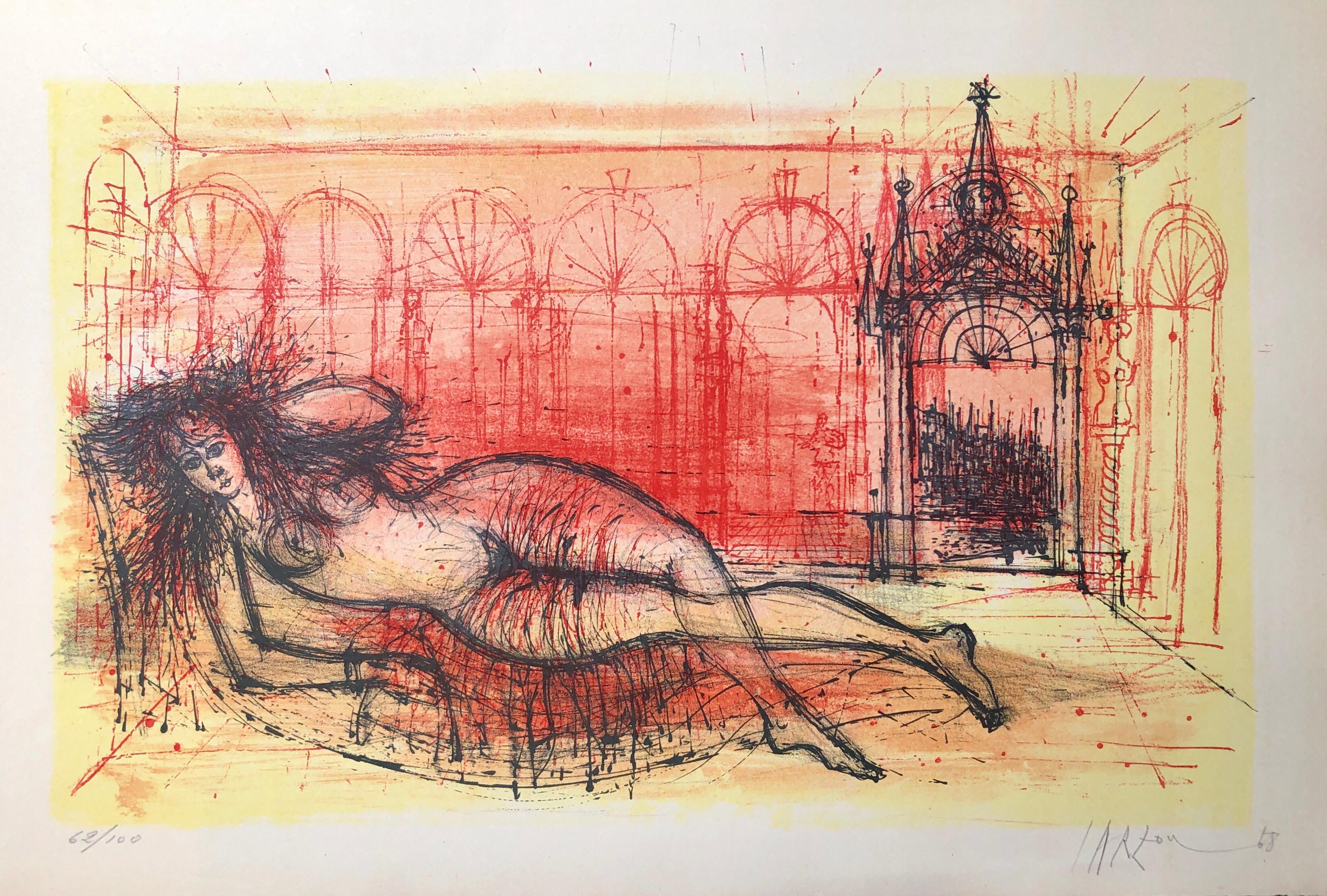 Carzou Französische modernistische Farblithographie „Harem Nude L'Odalisque“, lebhaftes Rot, Carzou – Print von Jean Carzou