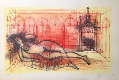 Carzou French Modernist Color Lithograph Harem Nude L'Odalisque Vibrant Red