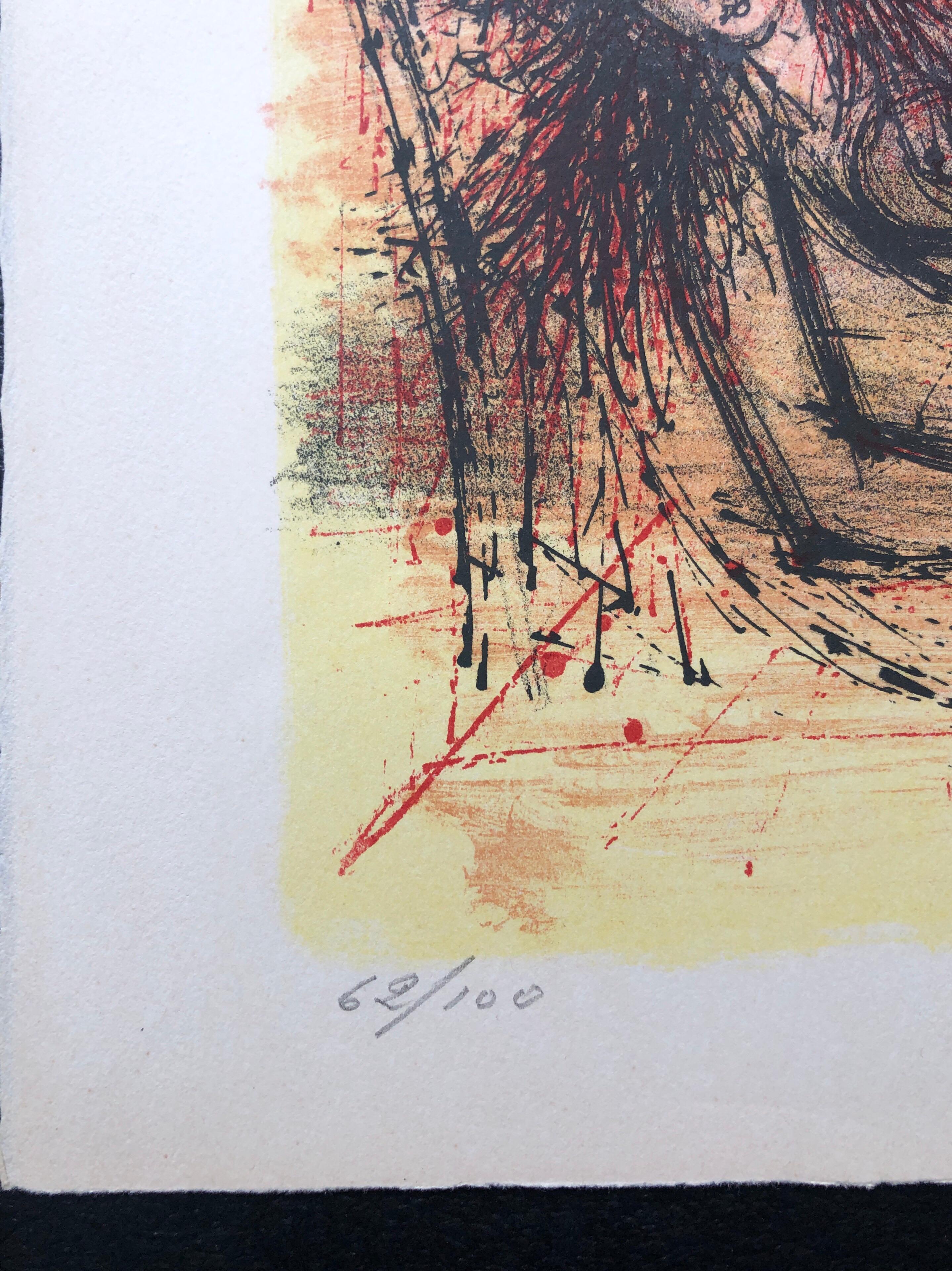 This is a hand signed in pencil, vintage, limited edition lithograph modern art print, printed in Switzerland on Rives French art paper in 1968. in vivid shades of red, yellow and orange. It depicts a fantasy nude odalisque in the palace harem.
Jean