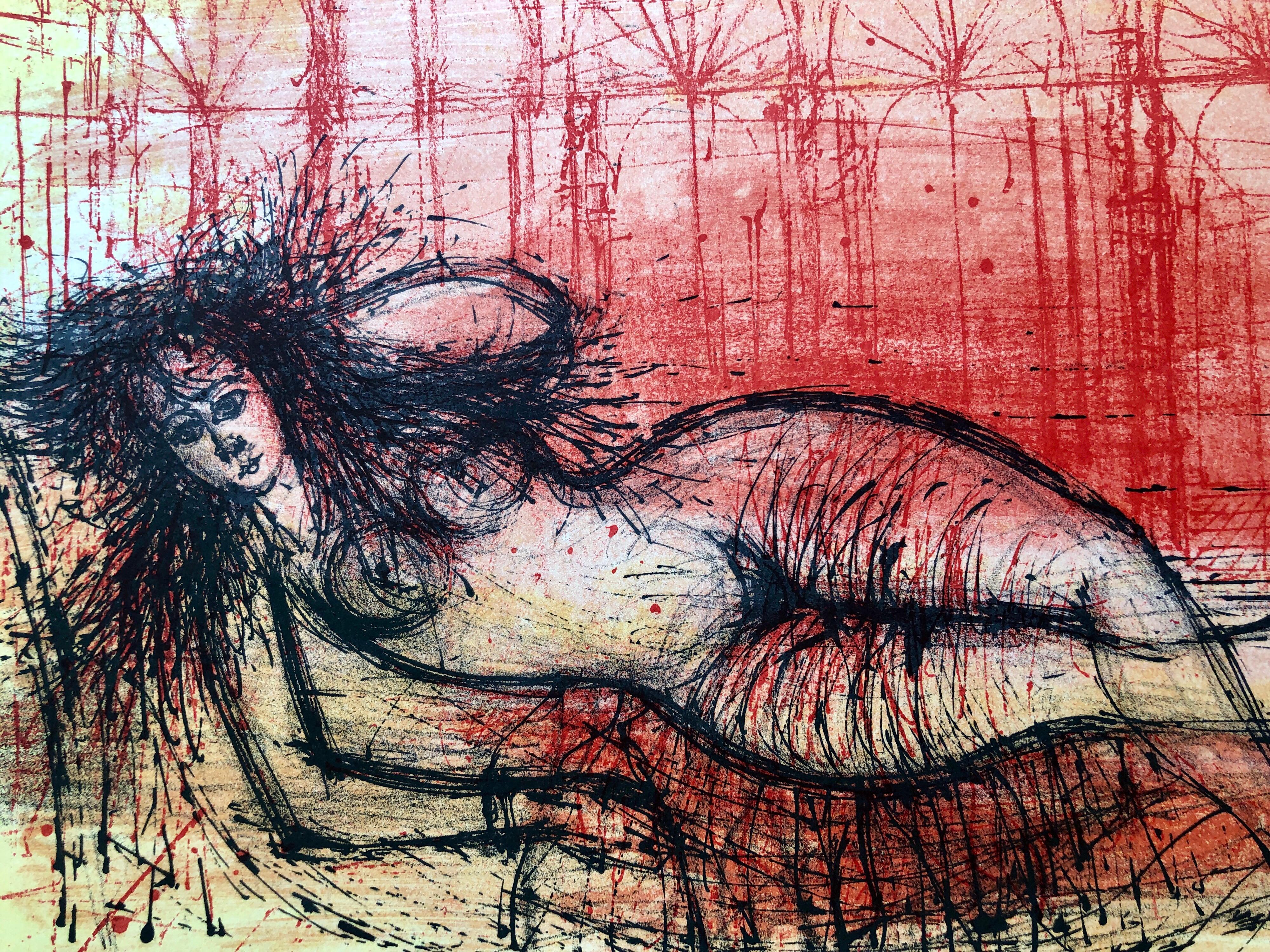 Carzou French Modernist Color Lithograph Harem Nude L'Odalisque Vibrant Red - Beige Abstract Print by Jean Carzou